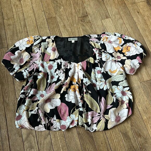 Pleione bubble top black‎ floral blouse top cropped size XS - Picture 2 of 10